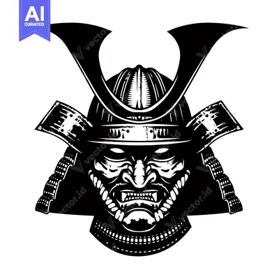 Aset desain premium: Black and White Illustration of a Samurai Warrior's Face with a Helmet