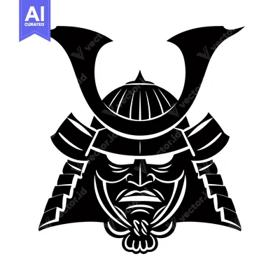 Aset premium populer: Black and White Illustration of a Samurai Warrior's Helmet and Face