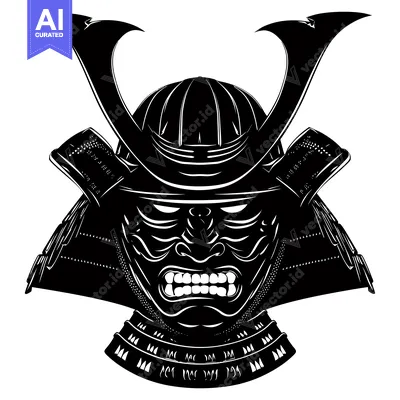 Aset desain premium: Black and White Illustration of a Samurai Warrior's Helmet and Mask