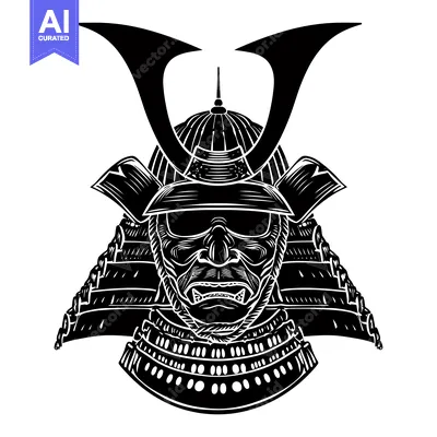 Aset desain premium: Black and White Illustration of a Samurai Warrior's Helmet and Armor