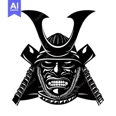 Premium design asset: Black and White Illustration of a Samurai Warrior's Helmet and Face