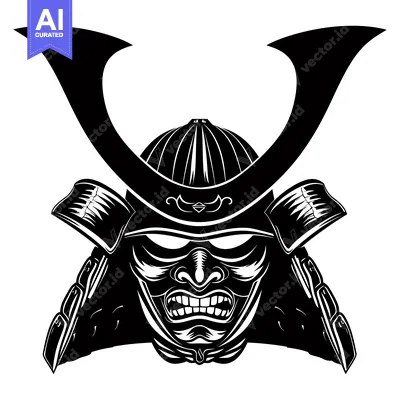 Aset desain premium: Black and White Illustration of a Samurai Warrior's Helmet and Mask