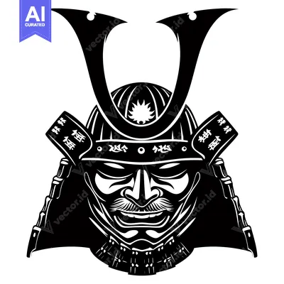 Popular premium asset: Black and white illustration of a samurai warrior's helmet and face