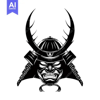 Aset premium populer: Black and White Illustration of a Samurai Warrior's Helmet and Face