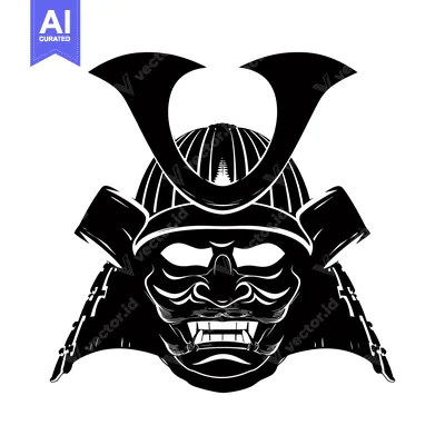 Aset desain premium: Black and White Illustration of a Samurai Helmet with a Ferocious Mask