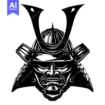 Aset premium populer: A Black and White Illustration of a Samurai's Head Wearing a Helmet