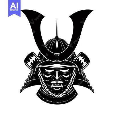 Aset premium populer: Black and White Illustration of a Samurai Helmet and Face