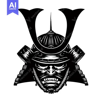 Popular premium asset: Black and White Illustration of a Samurai Warrior's Helmet and Face