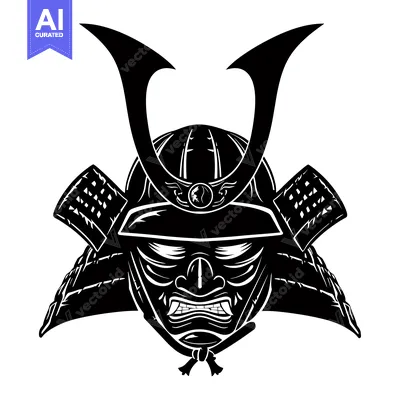 Aset desain premium: Black and White Illustration of a Samurai Helmet and Face Mask