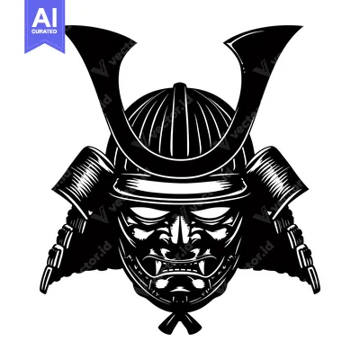 Premium design asset: Black and White Illustration of a Samurai Helmet and Mask