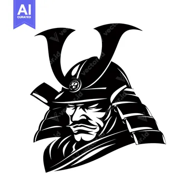 Aset desain premium: Black and White Illustration of a Samurai Warrior's Head with Helmet a