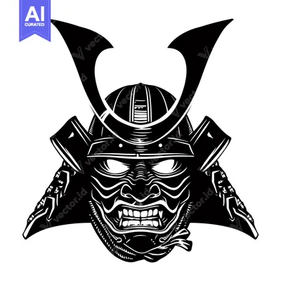 Aset desain premium: Black and white illustration of a samurai warrior's helmet and face ma