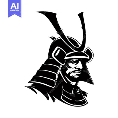 Aset desain premium: Black and White Illustration of a Japanese Samurai Warrior Wearing Tra