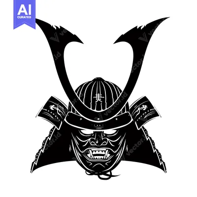 Aset desain premium: Black and White Illustration of a Japanese Samurai Warrior's Helmet an