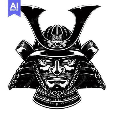 Aset desain premium: Black and White Illustration of a Samurai Warrior's Face and Helmet