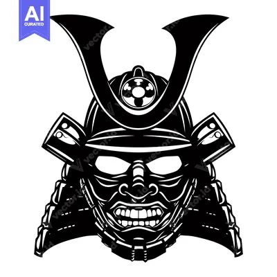 Aset desain premium: Black and White Illustration of a Samurai Warrior's Helmet and Face Ma