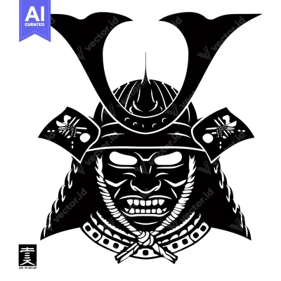 Aset premium populer: Black and White Illustration of a Japanese Samurai Warrior's Helmet an