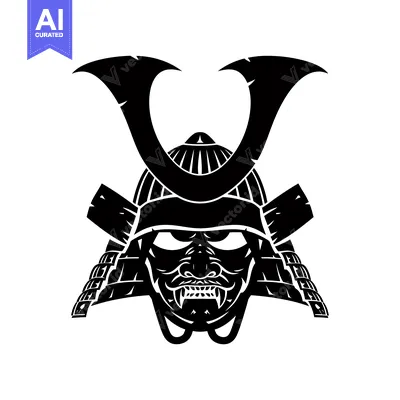 Aset desain premium: Black and White Illustration of a Samurai Warrior's Helmet and Face