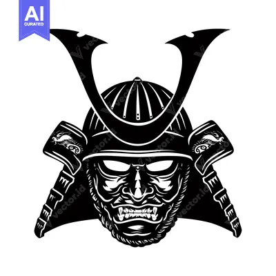 A Black and White Illustration of a Samurai Warrior's Helmet and Face