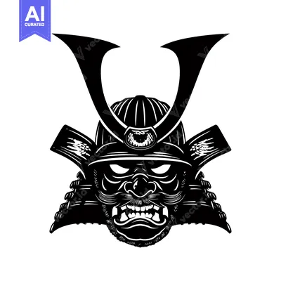 Aset desain premium: Black and white illustration of a samurai warrior's face with helmet