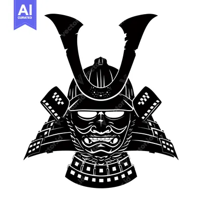 Aset desain premium: Black and White Illustration of a Japanese Samurai Helmet and Mask