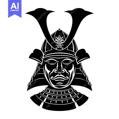 Aset desain premium: Black and White Silhouette of a Samurai Warrior's Head with Helmet