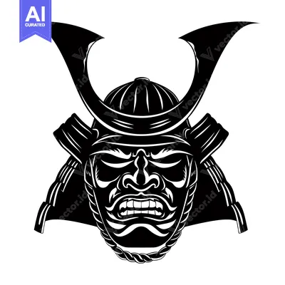 Aset premium populer: Black and White Illustration of a Samurai Warrior's Helmet and Face