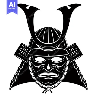 Black and White Illustration of a Samurai Helmet and Mask