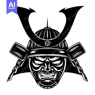 Premium design asset: Black and white illustration of a samurai warrior's helmet and face