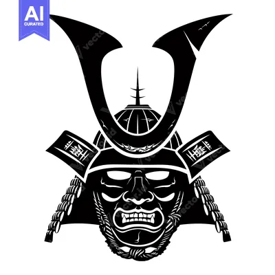 Aset premium populer: Black and White Illustration of a Samurai Warrior's Helmet and Face