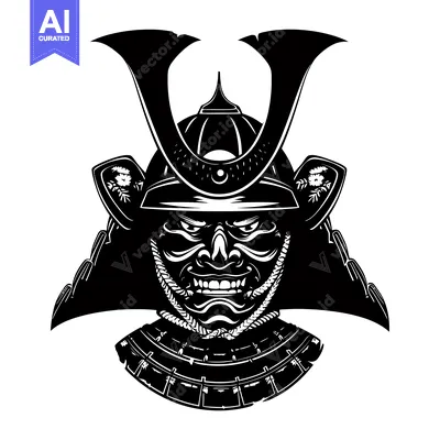 Aset desain premium: Black and White Illustration of a Samurai Warrior's Head with Helmet a