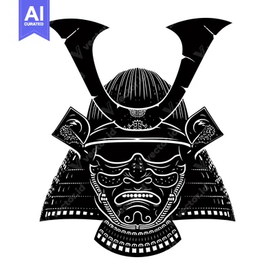Aset desain premium: Black and White Illustration of a Samurai Helmet and Mask