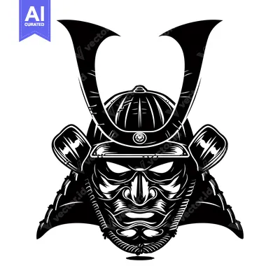 Premium design asset: Black and White Illustration of a Samurai Warrior's Face with Helmet
