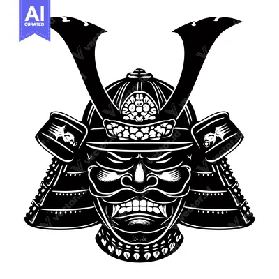 Aset desain premium: Black and White Illustration of a Japanese Samurai Warrior Helmet