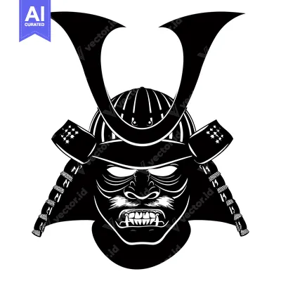 Aset desain premium: Black and White Illustration of a Samurai Warrior's Face