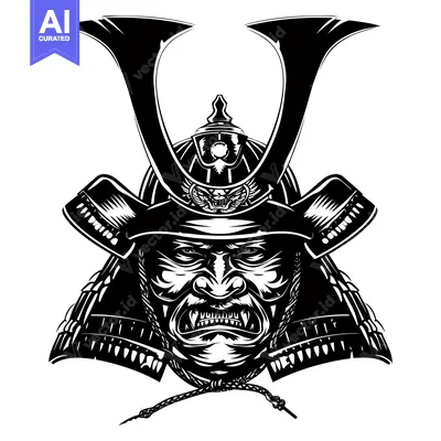Aset desain premium: A Close-Up of a Samurai Warrior's Face in Black and White
