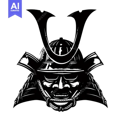 Aset desain premium: Black and White Illustration of a Samurai Warrior's Helmet and Face