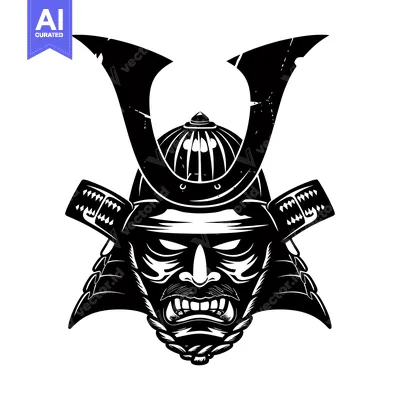Aset desain premium: Black and White Illustration of a Japanese Samurai Warrior's Helmet an