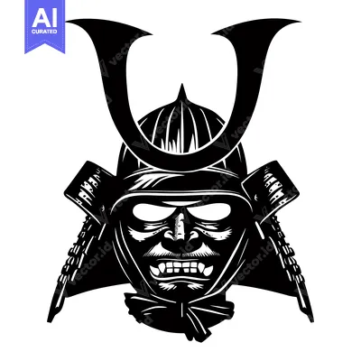 Premium design asset: Black and White Illustration of a Japanese Samurai Warrior's Helmet