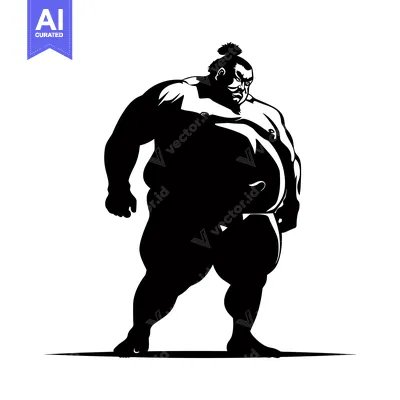 Aset premium populer: Silhouette of a Sumo Wrestler in a Fighting Stance