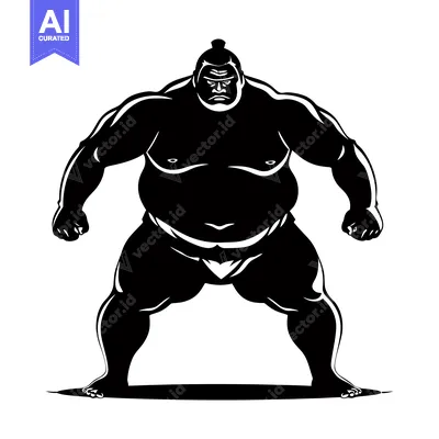 Aset premium populer: Silhouette of a Sumo Wrestler in a Fighting Stance