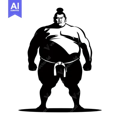 Aset desain premium: A Powerful Sumo Wrestler in a Black and White Silhouette