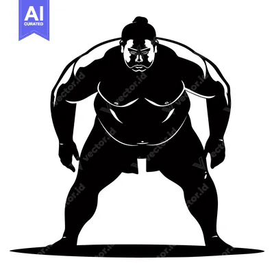 Aset premium populer: Black and White Silhouette of a Sumo Wrestler in a Fighting Stance