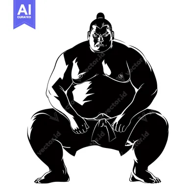 Aset premium populer: A Black and White Illustration of a Sumo Wrestler in a Fighting Stance