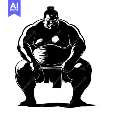 Aset premium populer: Black and White Silhouette of a Sumo Wrestler in a Fighting Stance