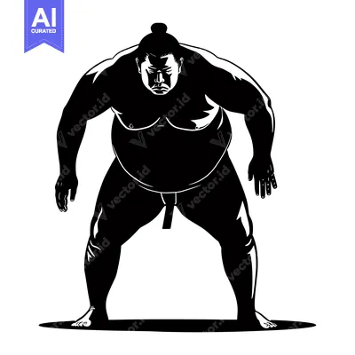 Premium design asset: A Black and White Silhouette of a Sumo Wrestler in a Fighting Stance