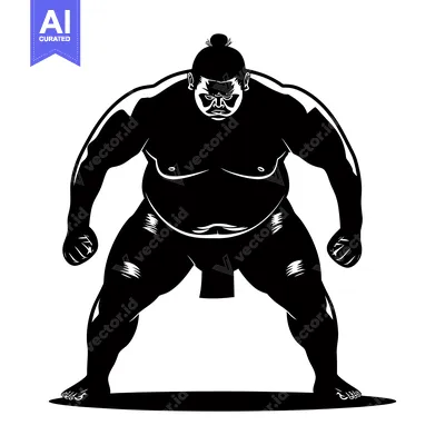 Aset desain premium: Silhouette of a Powerful Sumo Wrestler in a Fighting Stance