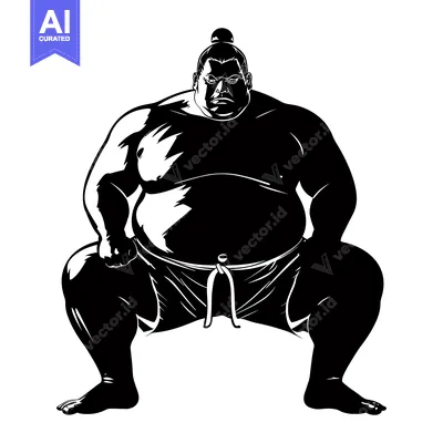 Aset desain premium: A Black and White Illustration of a Sumo Wrestler in a Fighting Stance