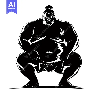 Aset desain premium: Black and White Silhouette of a Sumo Wrestler in a Fighting Stance