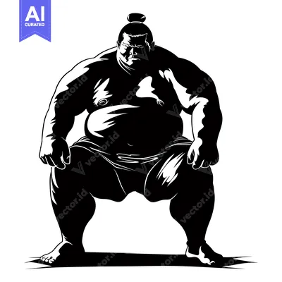 Premium design asset: Black and White Silhouette of a Sumo Wrestler in a Fighting Stance